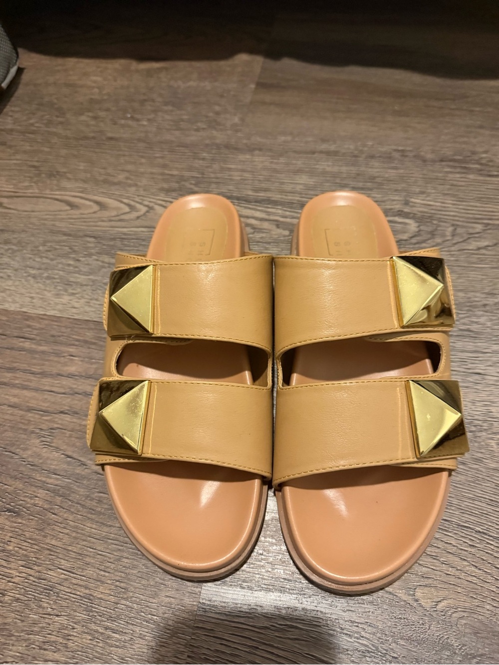 ShuShop Tan Slide Sandals with Gold Pyramid Accents